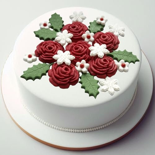 24x Red Roses Holly Leaves Christmas Cake Toppers, Edible Winter Sugar Flowers Cake Cupcake Decorations