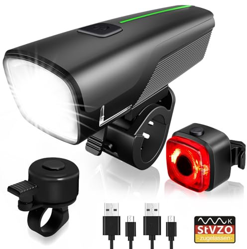 Fahrradlicht Set,Fahrradbeleuchtung Set 2600mAh Akku StVZO-zugelassen,Batterieanzeige IPX5 Wasserdicht,USB Aufladbar Fahrrad Licht Vorne und Rücklicht Fahrradklingel,für Kinder und Erwachsene