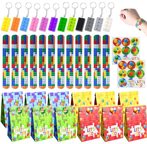 12 Sätze Bausteinparty Geburtstag Mitgebsel, Party Gastgeschenke Kinder, Baustein Schlüsselanhänger, Geschenktüte mit Bausteinmuster, Aufkleber, Pat Ring Mitbringsel Kindergeburtstag Gastgeschenke