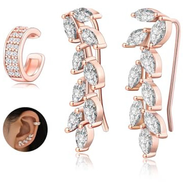 VYYU Rose Gold Earrings Set for Women Girls, Ear Cuff - Non Piercing Earrings Hoop Ear Clips, Leaf Climber Earrings with Shiny Cubic Zirconia | Ear Cuff for Helix Conch Cartilage Earring, Set of 3 Pcs