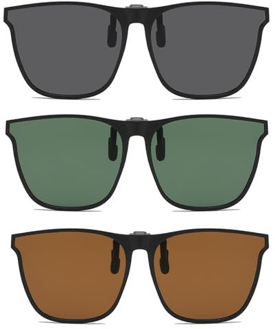 3 Pair Clip-On Sunglasses for Men & Women - Flip-Up, UV400 Protection, Anti-Glare, Driving Prescription Sunglasses Over Glasses