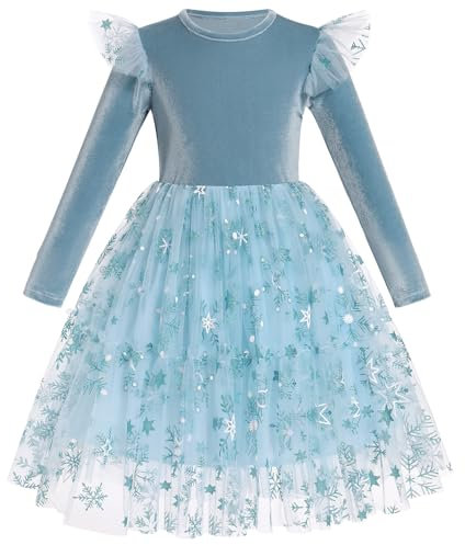 Long Sleeve Velvet Flower Girl Dress for Kids Fall Winter Star Glitters Snow Tulle A-line Ruffled Flying Sleeve Birthday Party Princess Dress Blue 3-4Y