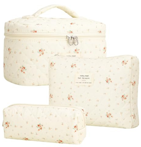 3 Stück Kosmetiktasche Damen Make up Tasche, Blumen Reise Kulturbeutel mit Griff, Tragbare Schminktasche für Alltag und Reisen