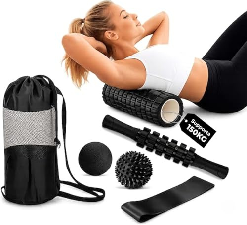 Foam Roller Set with Massage Ball, Yoga Stick, Stretching Strap, Spiky Ball, Carry Bag - Massage Tools Set with High Density Foam Roller for Physical Therapy - 6 in 1 Trigger Point