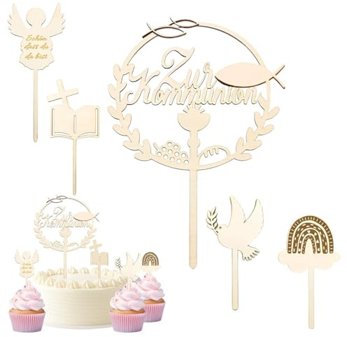 COYUN 5 Stück Taufe Cake Topper Holz Gold Kuchen Topper Fisch Kommunion Cupcake Topper Mädchen Junge Tortenstecker Babyshower Kuchen Dekoration Cake Topper Taufe