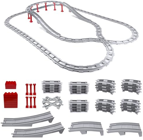 bechoanigel Bausteine Eisenbahn Schienen Set kompatibel mit Duplo Zug City, Schienen Erweiterung mit Brücke, Gerade, Kurvengleise, schräge Gleise, kompatibel mit gängigen Marken-Bausteinen ab 2 Jahren