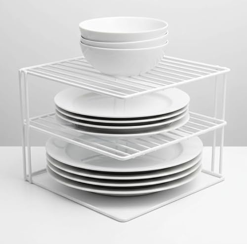 Top Home Solutions 3 Tier Corner Kitchen Plate Bowl Rack Stand Holder Tidy Cupboard Shelf Insert Storage Organiser, Space Saving, H19.5 x W25.5 x D25.5cm (White)
