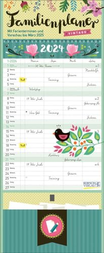 Familienplaner Vintage Zetteltasche 2024: Familienkalender, 4 große Spalten. Familientimer mit Ferienterminen, extra Spalte, Vorschau bsi März 2025, Stifthalter und Zetteltasche. Format: 19 x 46 cm