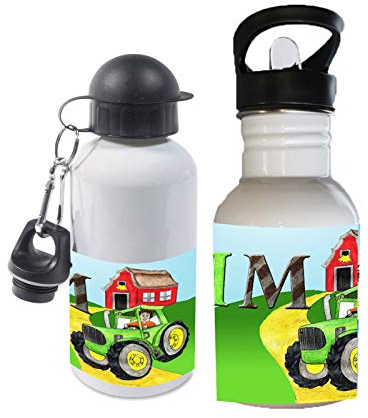 Trinkflasche mit Name/wahlweise 400ml, 500ml oder 600ml + Schriftwahl für Name + Edelstahl oder Aluminium (Traktor)