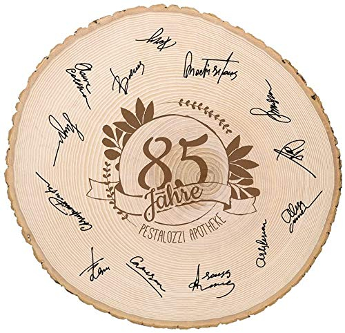 Casa Vivente Große Baumscheibe mit Gravur zum Jubiläum Personalisiert mit Jahreszahl und Wunschtext, Türschild aus Holz, Wanddeko, Gästebuch, Geschenkidee zum Firmenjubiläum