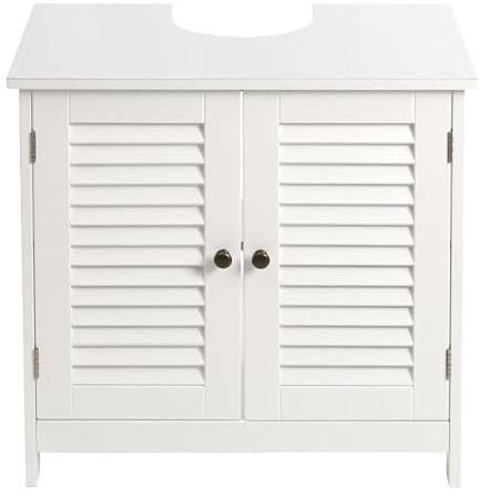 Warmiehomy White Louver Under Sink Bathroom Storage Cabinet with 2 Removable Shelves Wooden Freestanding Bathroom Storage Under Sink Storage Bathroom Cabinet for Kitchen Toilet