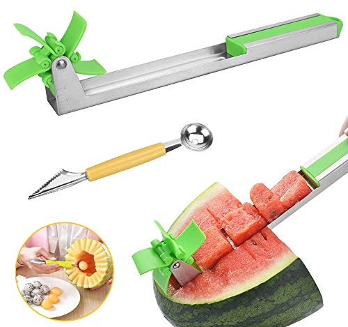LYTIVAGEN Cortador de Sandía Acero Inoxidable Cortador de Molino de Viento con 2 en 1 Cuchara de Melon Cortador de Melón Cortador de Frutas para Cortar Sandía Melón