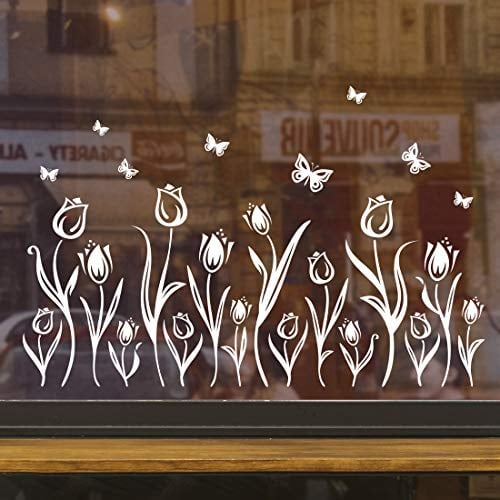 Pegatinas de pared para ventana, diseño floral, color blanco, diseño de mariposa, dormitorio, flores, decoración de cristal, decoración de pared, decoración de vinilo, espejo, puerta oscura