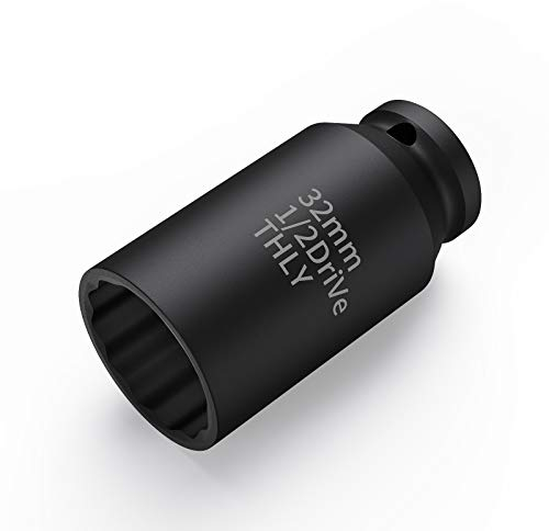 Douille a Choc 1/2, écrou d'essieu Jeu de Douilles Profondes à 12 Points à Impact Métrique de 1/2 po, CR-MO pour un Retrait Facile des écrous d'arbre d'essieu (32 MM)