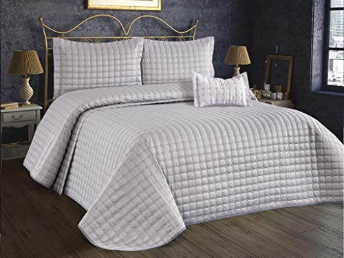 4-in-1 XXL STERN Micro Stoff Gestepptes Tagesdecken-Set | Übergröße Doppelbett Tagesdecke (260x260)cm x 1 | Kissenbezug (60x80)cm x 2 | Dekokissenbezug (35x50)cm x 1 | Hergestellt in der Türkei (Grau)