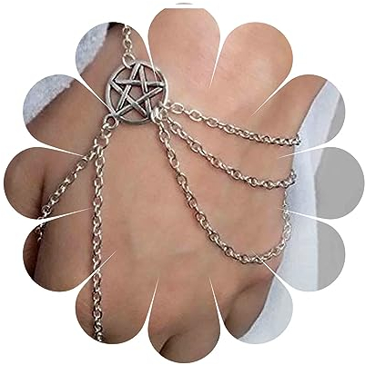 Yheakne Boho Star Slave Armband Gold Kreis Finger Armband Vintage Ring Armband Layering Ring Kette Armband Armreif Hand Ketten Schmuck Für Frauen Und Mädchen (Silber)