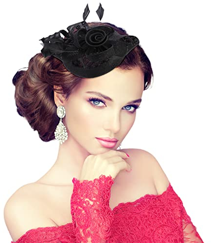 MWOOT Sombreros Fascinadores para Mujeres, Tea Party Fascinator Hat con Diadema y Clip, Negro Pluma Flapper Traje de Cabeza 20s Disfraz Accesorios para Boda Cóctel Iglesia Decoración
