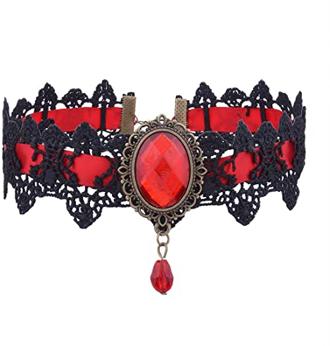 Prosy Schwarz Spitze Halsketten Gothic Spitze Choker Kristall Anhänger Halloween Cosplay Party Diamant Halskette Schmuck für Frauen und Mädchen (Rot)