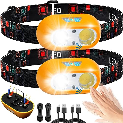 BIBURY Stirnlampe LED Wiederaufladbar 2 Stück, Superhell Stufenlos Dimmbar Kopflampe mit 6 Lichtmodi und Rotlicht, IPX5 Wasserdicht Leichtgewichtig Mini Headlight für Laufen Campen Radfahren Angeln
