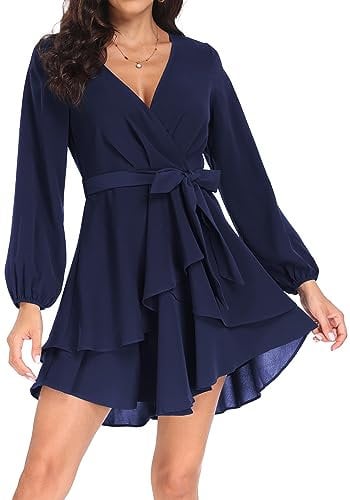 PCEAIIH Women's Cocktail Dresses Long Sleeve Empire Skater Dress Deep V-Neck Waist Tie Ruffle Mini Swing Dresses S Navy