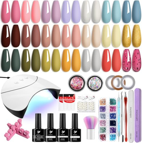 Phoenixy Gel Nail Kit, 21 Colours Gel Nail Polish Set with Nail Lamp Starter Kit Pink Brown Red Nail Kit Gift for Women