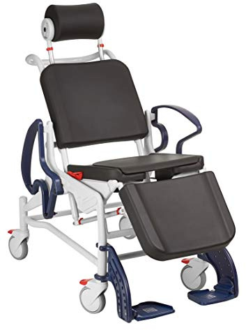 FabaCare XXL Pflegerollstuhl Phoenix 200, Multifunktionsrollstuhl made in Germany, Liegefunktion, Rückenlehnenverstellung, Kopfstütze, Eimer, bis 200 kg, Grau-Blau