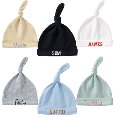 Personalisierte Babymützen mit gesticktem Namen, benutzerdefinierte Knoten-Beanie-Mütze, geeignet für Säuglinge, Babys, Mädchen, Jungen, Mützen, 0–6 Monate, Geschenk für Babypartys, Neugeborene,
