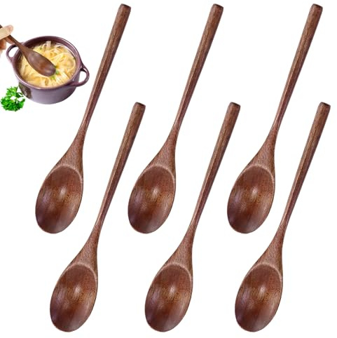 Wooden Spoons, Tablespoons, Set of 6 Japanese Style Kitchen Utensils Long Handle Nanmu Wooden Soup Spoon Set for Food Mixing Stirring Cooking