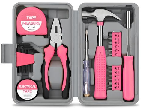 MEETOZ Pink Tool Kit for Women, Mini DIY Household Set with Starter Basic Hand Tools for Home & Office, Essential Mini Hand Tool Box for Repairs (24 Pcs)
