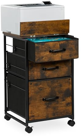 Relaxdays Mobile Filing Cabinet, 3 Drawers, 1 for Suspension Files, Industrial Design, 68x40x40 cm, Office, Brown/Black