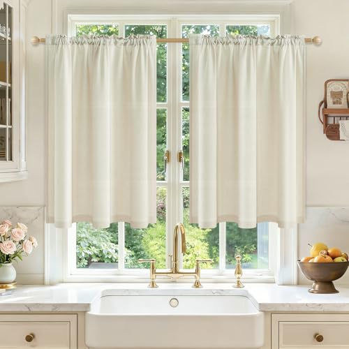MRTREES Genomskinliga gardiner, beige, med linneutseende, moderna fönstergardiner för kök och vardagsrum i landhusstil, bistrogardiner, set om 2, H 120 x B 60 cm