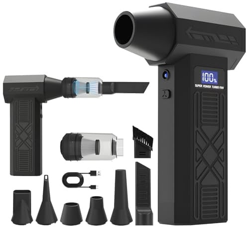 Souffleur à poussière électrique 2 en 1 et mini aspirateur - Aspirateur à air comprimé rechargeable - Avec écran LED - Moteur 120 000 tr/min - Batterie 5200 mAh - USB-C et 5 buses - Bac à poussière