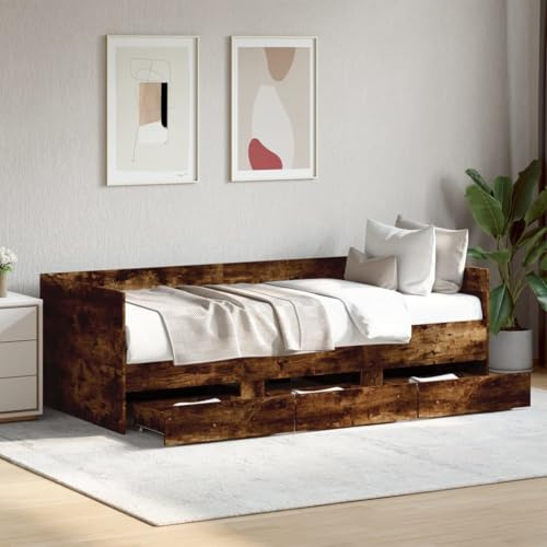 Owoxanthellate Smoked Oak Daybed with Storage Drawers 100x200 cm Engineered Wood Trundle Single Bed Frame Modern Sofa Bed for Living Room Bedroom
