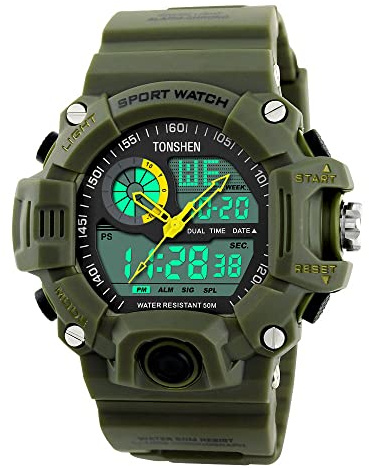 TONSHEN Men's Military Sport Watches Multifunction Waterproof Analog Display Dual Dial Two Timezone Electronic 12H/24H Time Calendar Day Date 164FT 50M Water Resistant Digital Wristwatch (Green)
