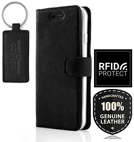 SURAZO Handy Hülle Für Apple iPhone 8 Plus - TV RFID Nubuk Schwarz - Glattleder und Veloursleder Premium - Vintage Wallet Case