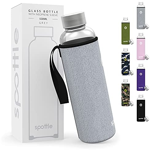 spottle Trinkflasche aus Glas 1l - Glasflasche 500ml - 750ml - 1 liter mit Neoprenhülle - Schutzhülle - Glastrinkflasche mit Schraubverschluss (Grau meliert, 550 ml)