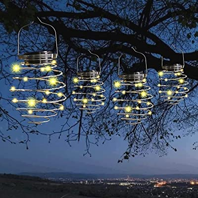 Garden Mile 4X Solar LED Spirale Lichter Herbstbeleuchtung für Außen 4er Set Hängende Laternen für Garten Warmweiß Herbstlichter Hängende Kupfer Spirale Lichter Herbst Outdoor Dekoration