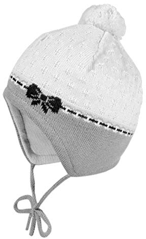 maximo Babymütze in Cremé/Grau mit Blauer Schleife & Mini Bommel, BW Strick v binden 363300 (43 cm)