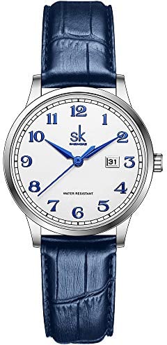 SHENGKE SK Business Klassische Damenuhr mit echtem Leder und Edelstahlband, Elegante Damenuhr Arabisches Leder