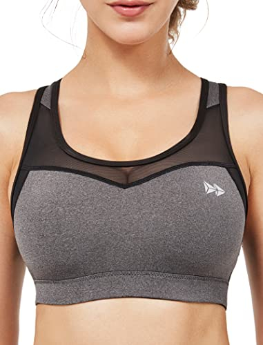 Yvette Sport BH Damen Mesh Ringerrücken ohne Bügel Große Größen Gepolstert Fitness Bra,Grau,L Große Größen