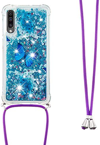 Handykette Handyhülle für Samsung Galaxy A50 Hülle,Glitzer Quicksand kreatives Fließende Flüssigkeit schwimmt Silikon Case mit Umhängeband Handykordel Band Kette für Samsung Galaxy A50,YB GS Die