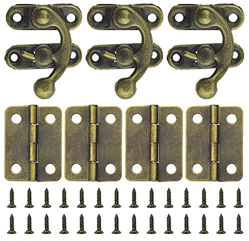 WMYCONGCONG 60 PCS Mini Hinges 24 x 18mm Antique Small Hinge and 30 Sets 27.5 x 32.5mm Bronze Tone Right Latch Hook Hasp Clasp Catch with Screws for Wood Jewelry Box