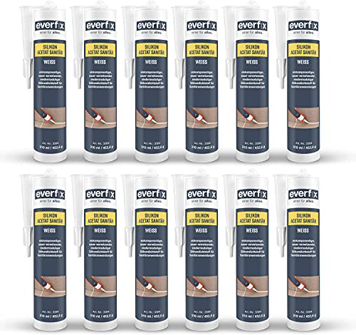 EVERFIX Sanitär Silikon Acetat weiss (310 ml, 12 Stück) für Bad, Dusche und Küche zum Abdichten und Verfugen für außen und innen, schimmelresistent, pilzhemmend, wasserdicht