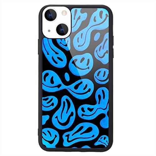MAYCARI Aesthetic Blue Funny Face Printed Phone Case Compatible with iPhone 13 6.1'', Hard Back Case with Soft TPU Bumper for Girls Boys Men Protective Phone Case for iPhone 13
