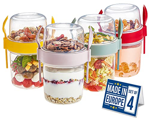 Crystalia Premium Müslibecher to Go mit Löffel & Gabel 4er Set, Joghurtbecher to Go, Porridge, Obstbehälter, Salatbecher Yoghurt zum Frühstück, Cereal On the Go Muslidosen