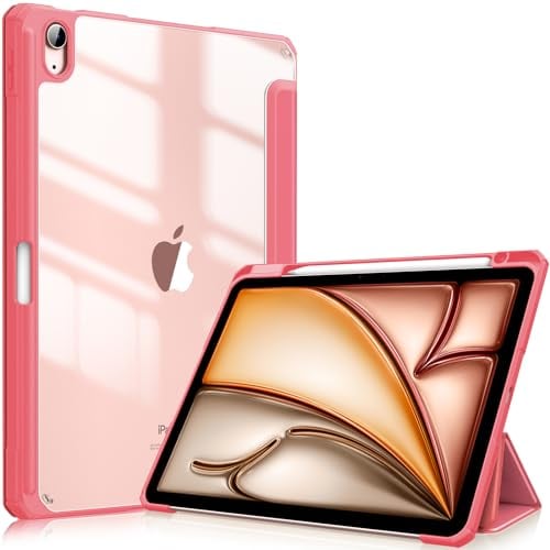 Fintie Hybrid Hülle für iPad Air 11 Zoll M3 2025/ M2 2024, iPad Air 5/4 Gen (2022/2020) 10,9 Zoll mit Stifthalter - Stoßfeste Schutzhülle mit transparenter Hartschale auf der Rückseite, Pink
