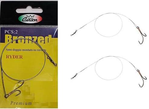 Pescasubito.com Set 2 Cavetti Acciaio con Amo Doppio Terminali per Innesco Vivo Luccio Pesce Serra Teleferica Misura Ami N. 3/0