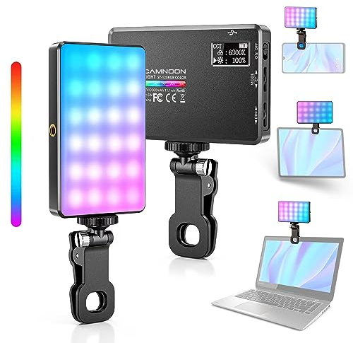 Lampe Vidéo LED avec Clip, Camnoon Selfie Streaming Light avec 120 Perles LED 1000Lux, 2500K-9000K, 20 Effets Lumineux, 117G Lumiere Telephone Photo Portable pour Mobile Extérieur, Tournage TikTok