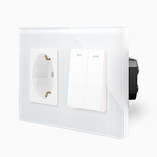 Zweifacher Wipp 2-facher Serien Lichtschalter und Wechselschalter Wandschalter + Schuko Steckdose für UP DE Unteputzdose im 2-Fach Glasrahmen Glas Wandblende Weiß Kipp Schalter LUXUS-TIME