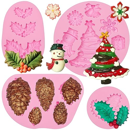 Muyulin Stechpalmenblatt-Silikonformen, 4 Packungen Weihnachts-Tannenzapfen, Beerenbaum-Fondantformen für Weihnachten, Kuchendekoration, Cupcake-Topper, Seife, Süßigkeiten, Schokolade, Zucker, Ton